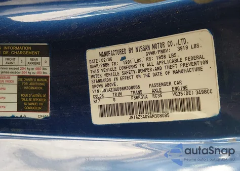 2006 Nissan 350Z Enthusiast из США, поврежденный, VIN JN1AZ34D96M308085